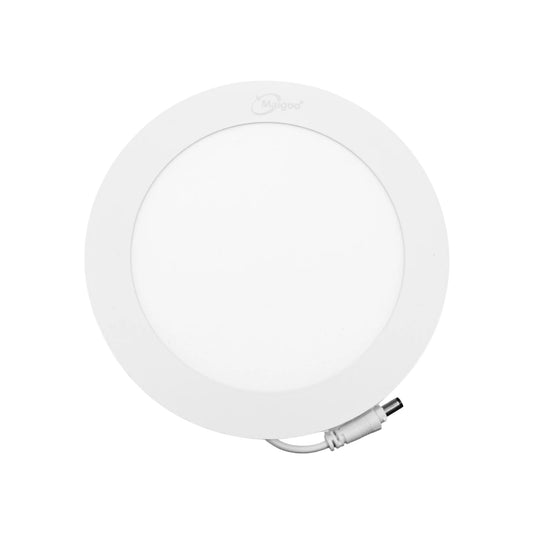 Lámpara panel LED redonda Maigoo blanca empotrable, con conector de corriente para iluminación.