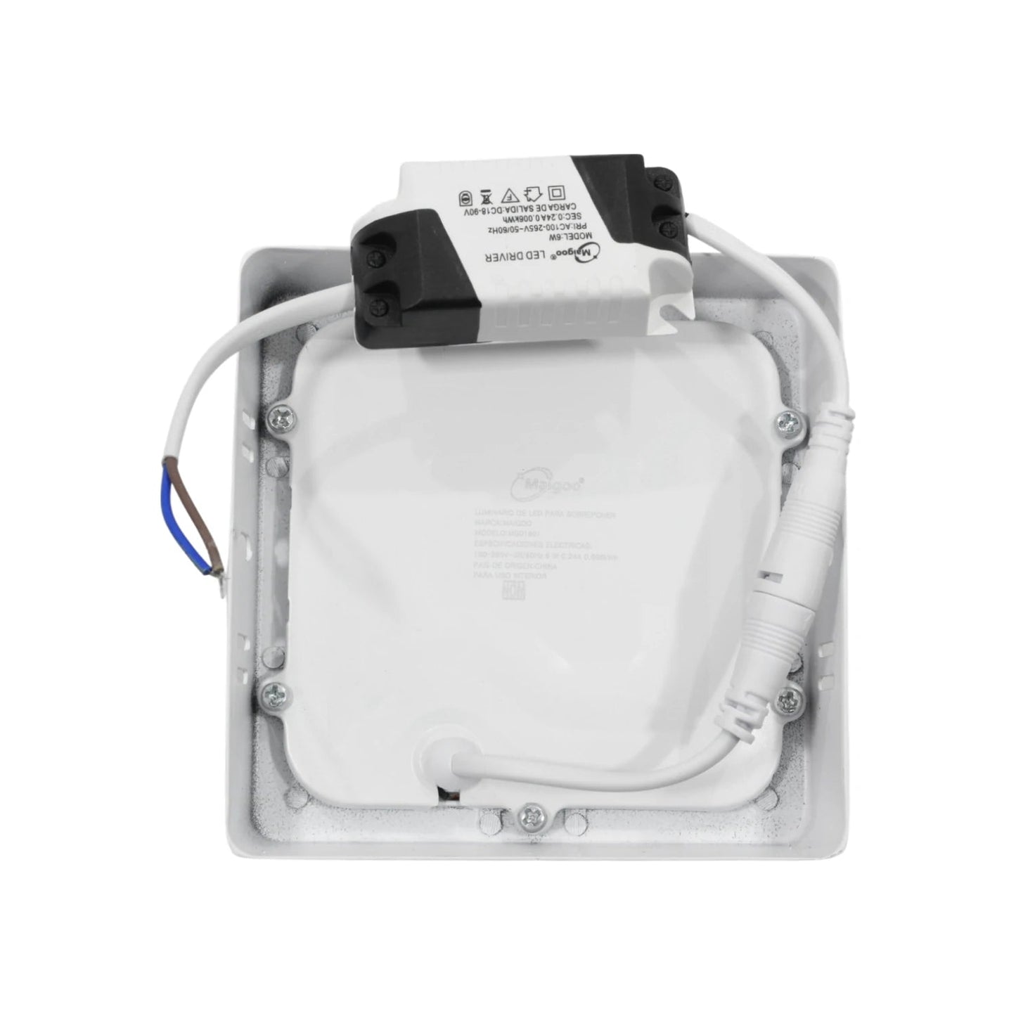 Lámpara panel LED Maigoo 6W cuadrada de sobreponer blanca, detalle posterior del driver y cables.