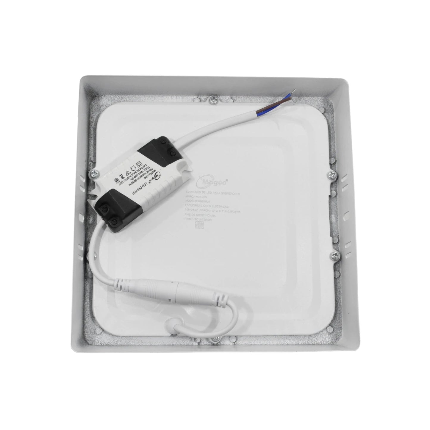 Lámpara panel LED Maigoo 12W cuadrada para sobreponer, color blanco, con driver AC/DC visible