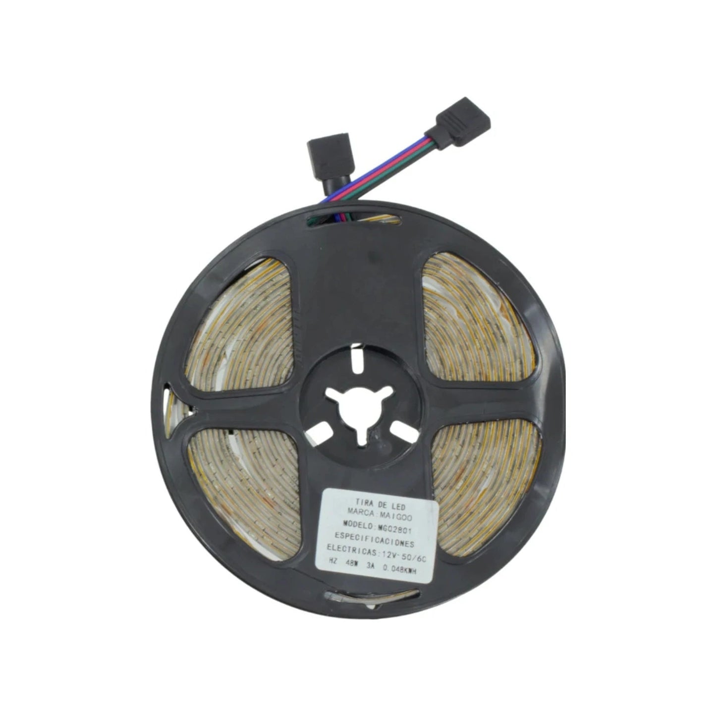 Tira LED RGB multicolor Maigoo de 5m enrollada en carrete negro, con conector de 12V