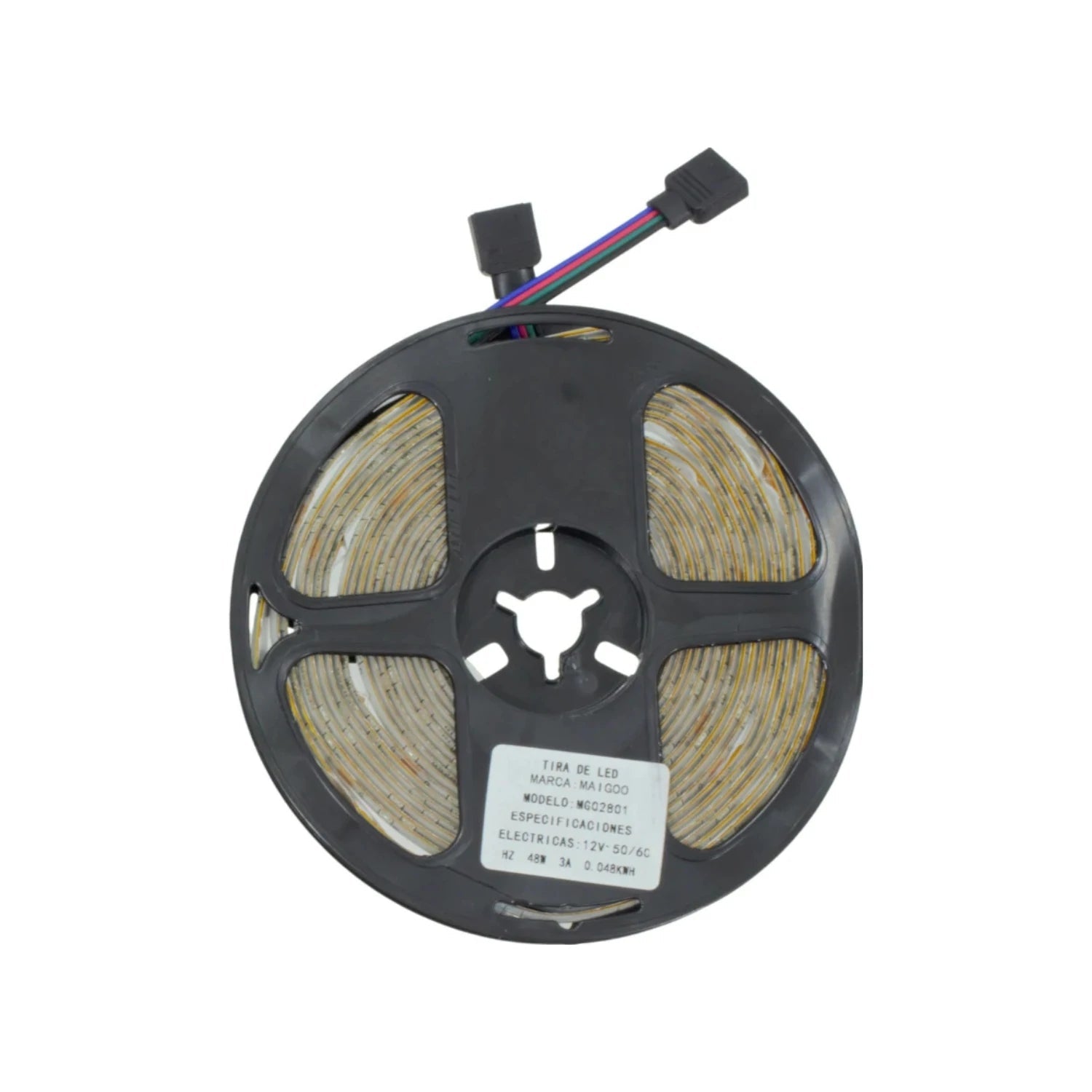 Tira LED RGB multicolor Maigoo de 5m enrollada en carrete negro, con conector de 12V