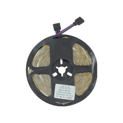 Tira LED RGB multicolor Maigoo de 5m enrollada en carrete negro, con conector de 12V