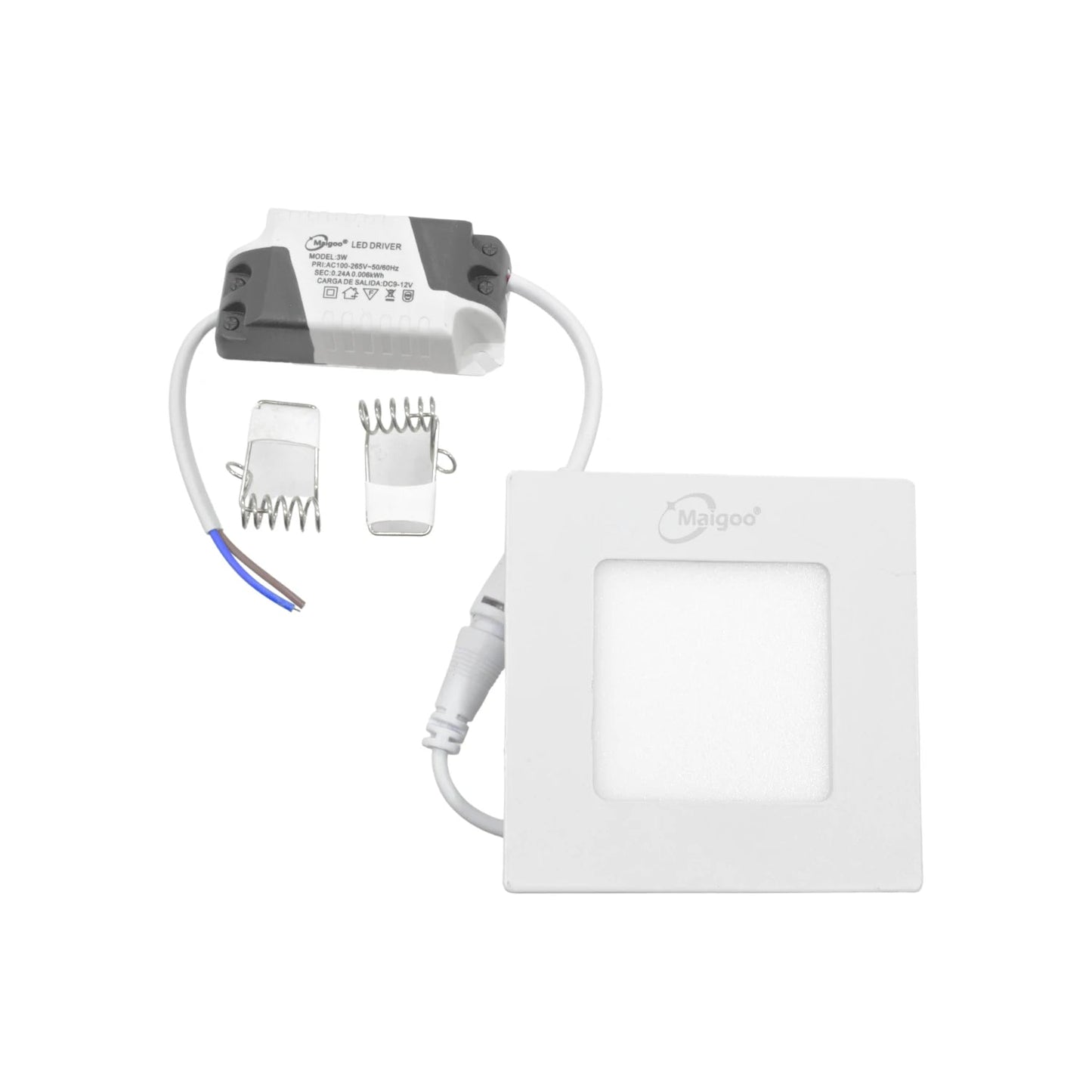 Panel LED empotrable Maigoo cuadrado blanco 3W con driver y resortes de fijación para iluminación interior.