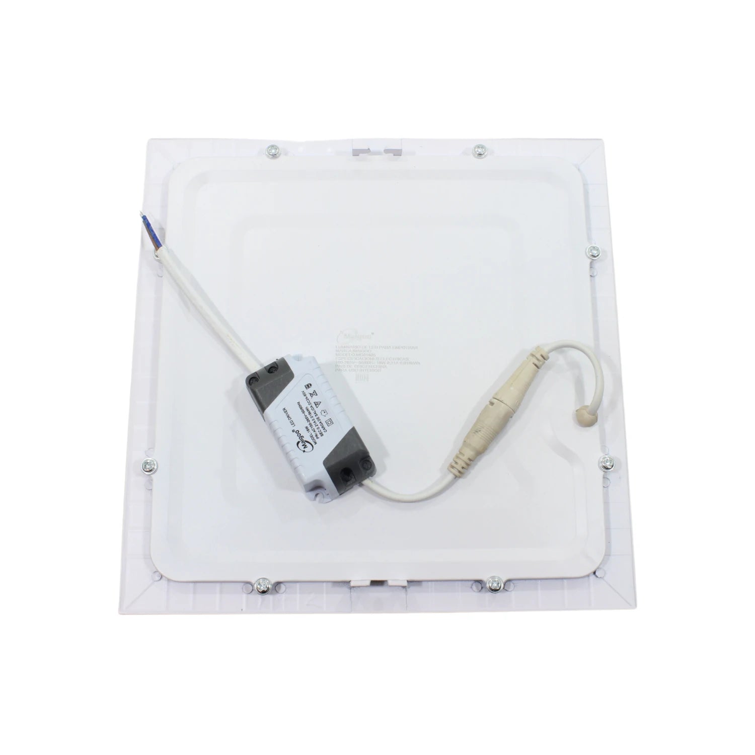 Panel LED empotrable cuadrado Maigoo 18W blanco, vista posterior con driver LED y cables de conexión.