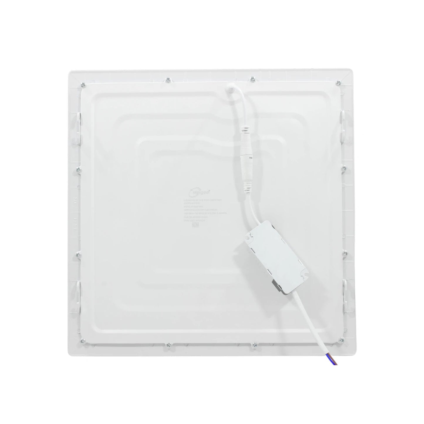 Lámpara panel LED cuadrada blanca Maigoo, vista trasera con driver y cables de conexión para instalación empotrada