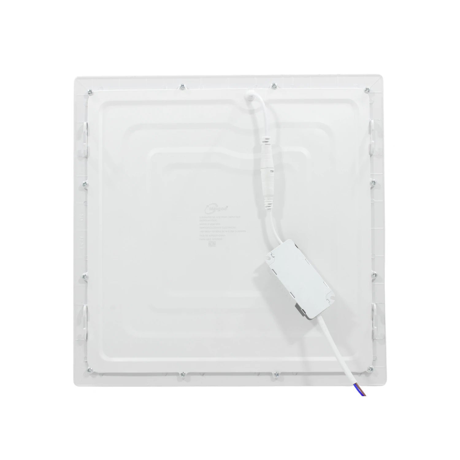 Lámpara panel LED cuadrada blanca Maigoo, vista trasera con driver y cables de conexión para instalación empotrada