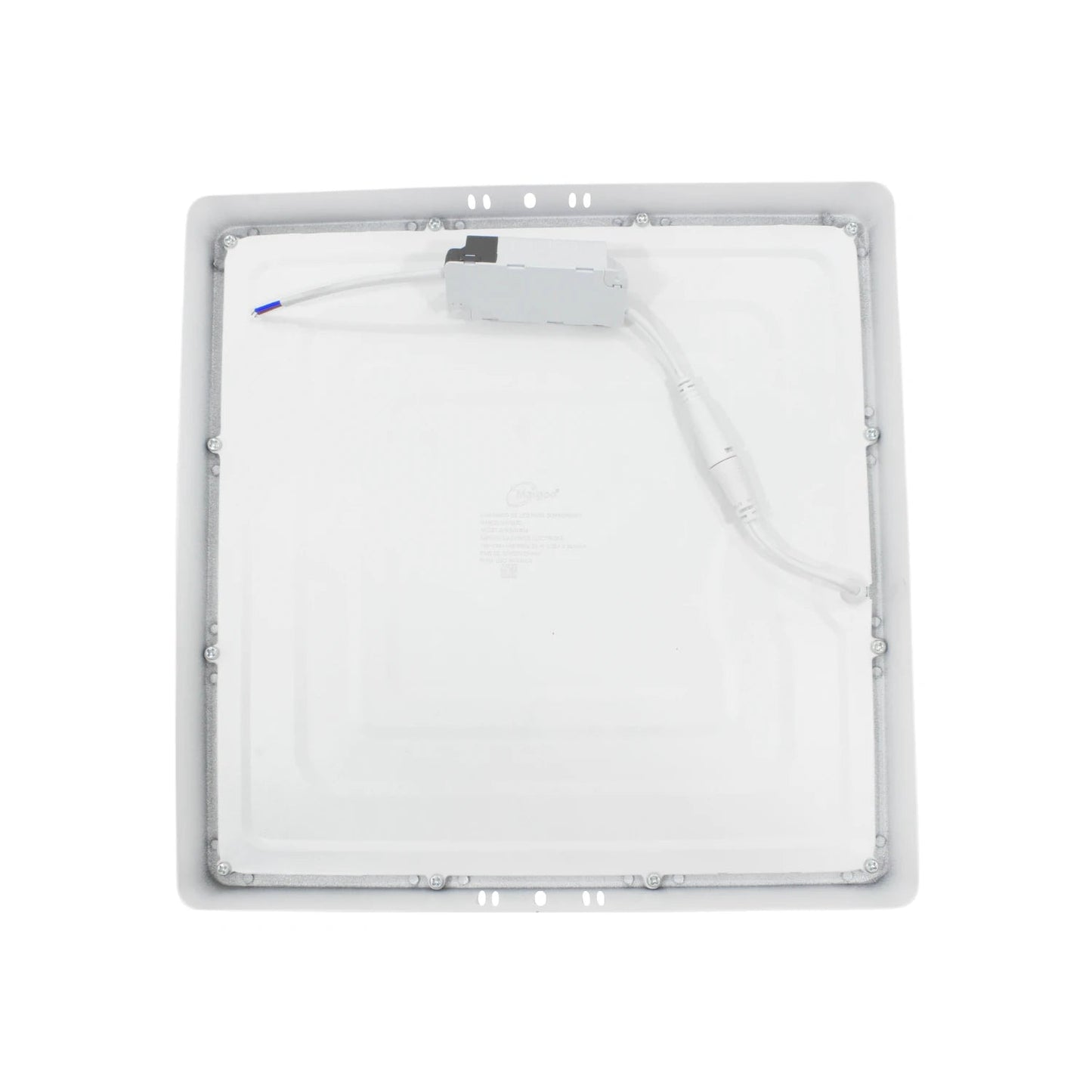 Lámpara panel LED cuadrada Maigoo 24W para sobreponer, color blanco, vista trasera con driver y cableado.
