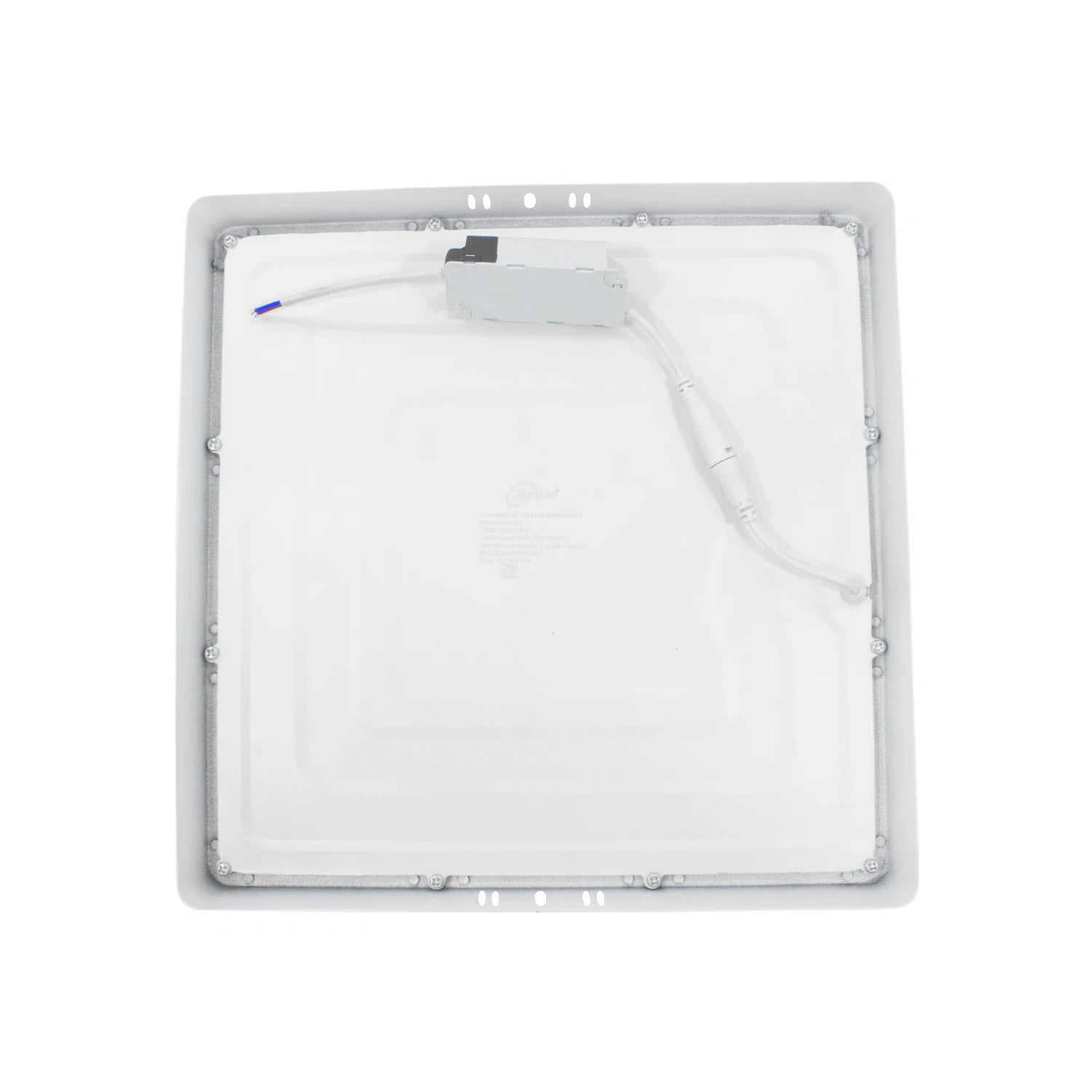 Lámpara panel LED cuadrada Maigoo 24W para sobreponer, color blanco, vista trasera con driver y cableado.