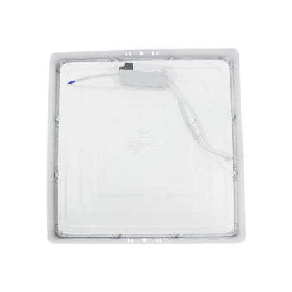 Lámpara panel LED cuadrada Maigoo 24W para sobreponer, color blanco, vista trasera con driver y cableado.