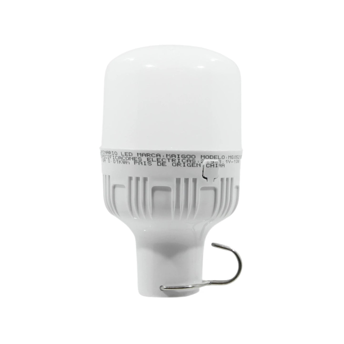 Lámpara LED recargable Maigoo MG05205 blanca 10W USB con gancho para iluminación de emergencia y camping.