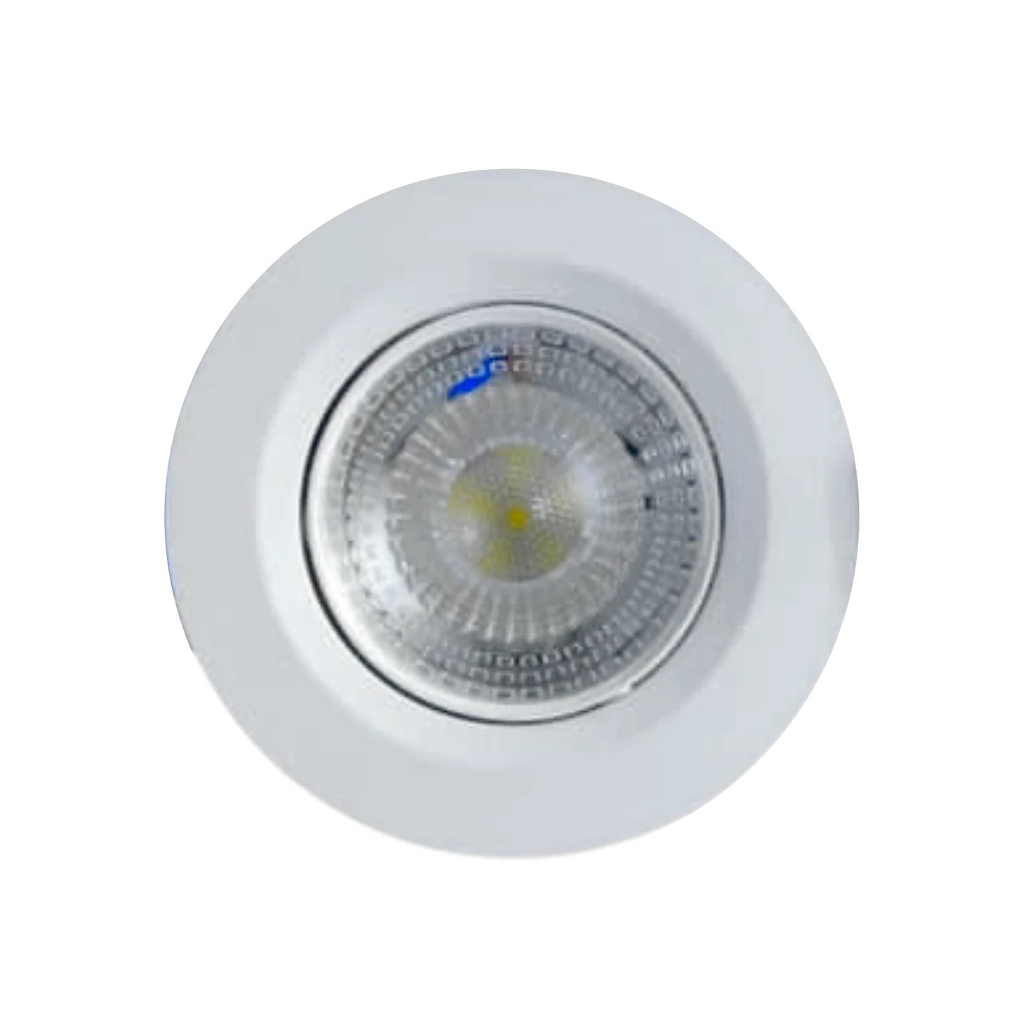 Lámpara LED empotrable redonda de 5W, color blanco, con foco dirigible, fabricada en plástico.