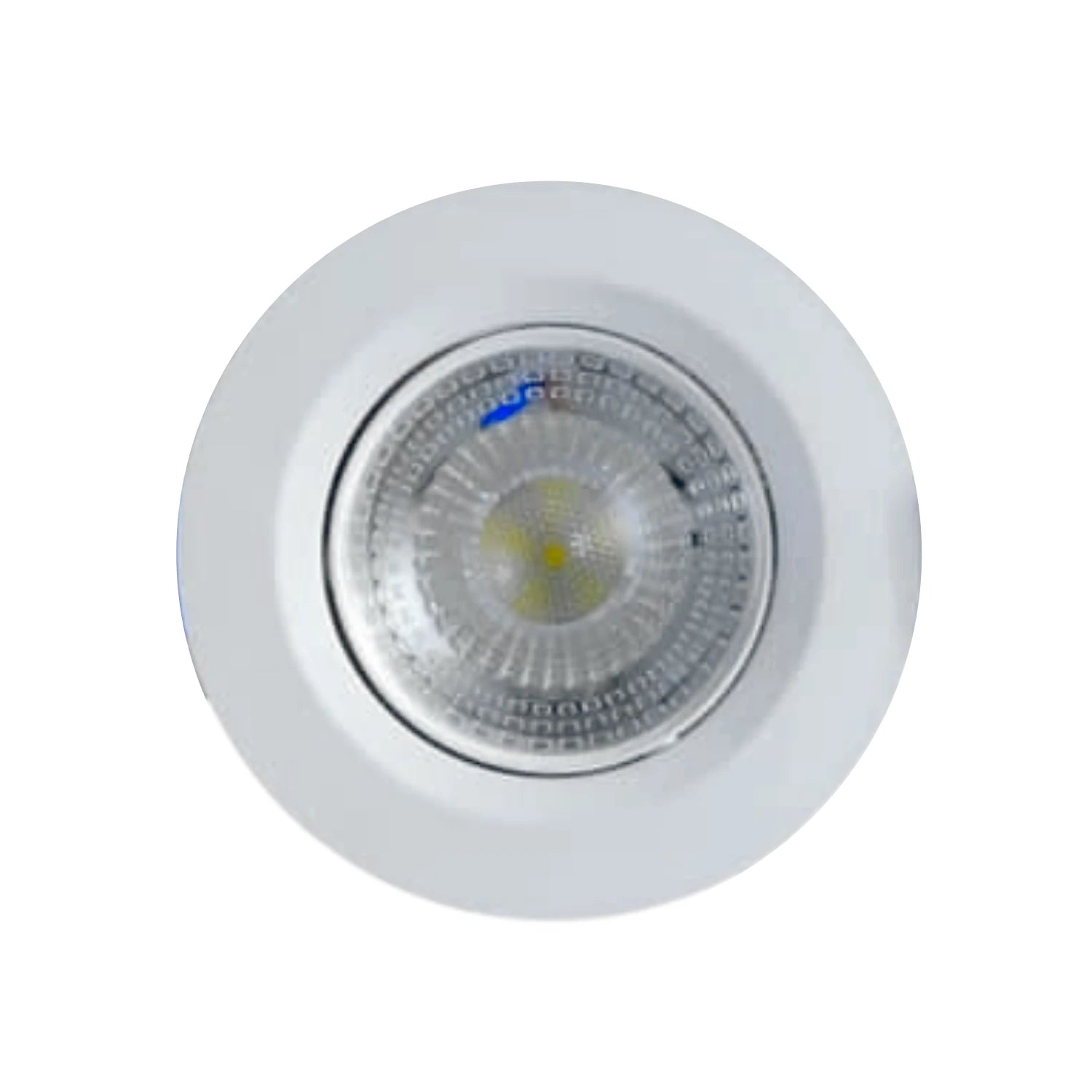 Lámpara LED empotrable redonda de 5W, color blanco, con foco dirigible, fabricada en plástico.