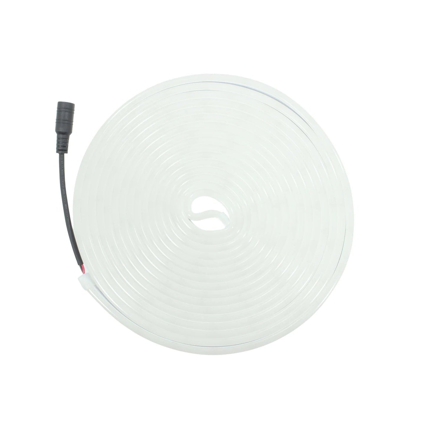 Tira LED neón flexible blanco frío de 5m, enrollada con conector para instalación de iluminación decorativa.