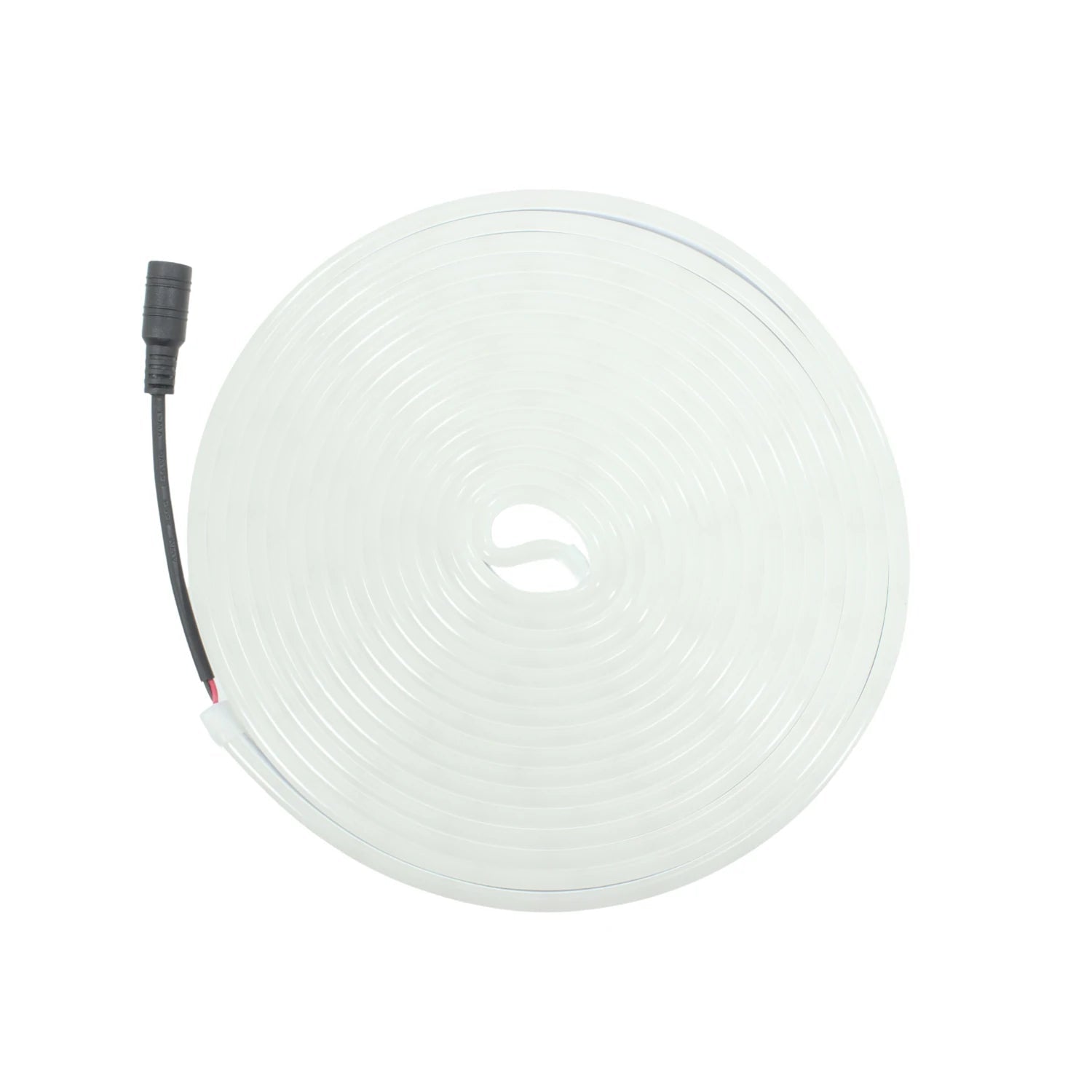 Tira LED neón flexible blanco frío de 5m, enrollada con conector para instalación de iluminación decorativa.