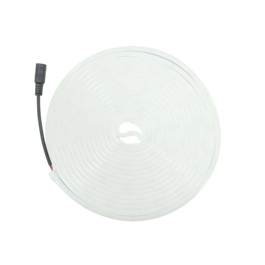 Tira LED neón flexible blanco frío de 5m, enrollada con conector para instalación de iluminación decorativa.