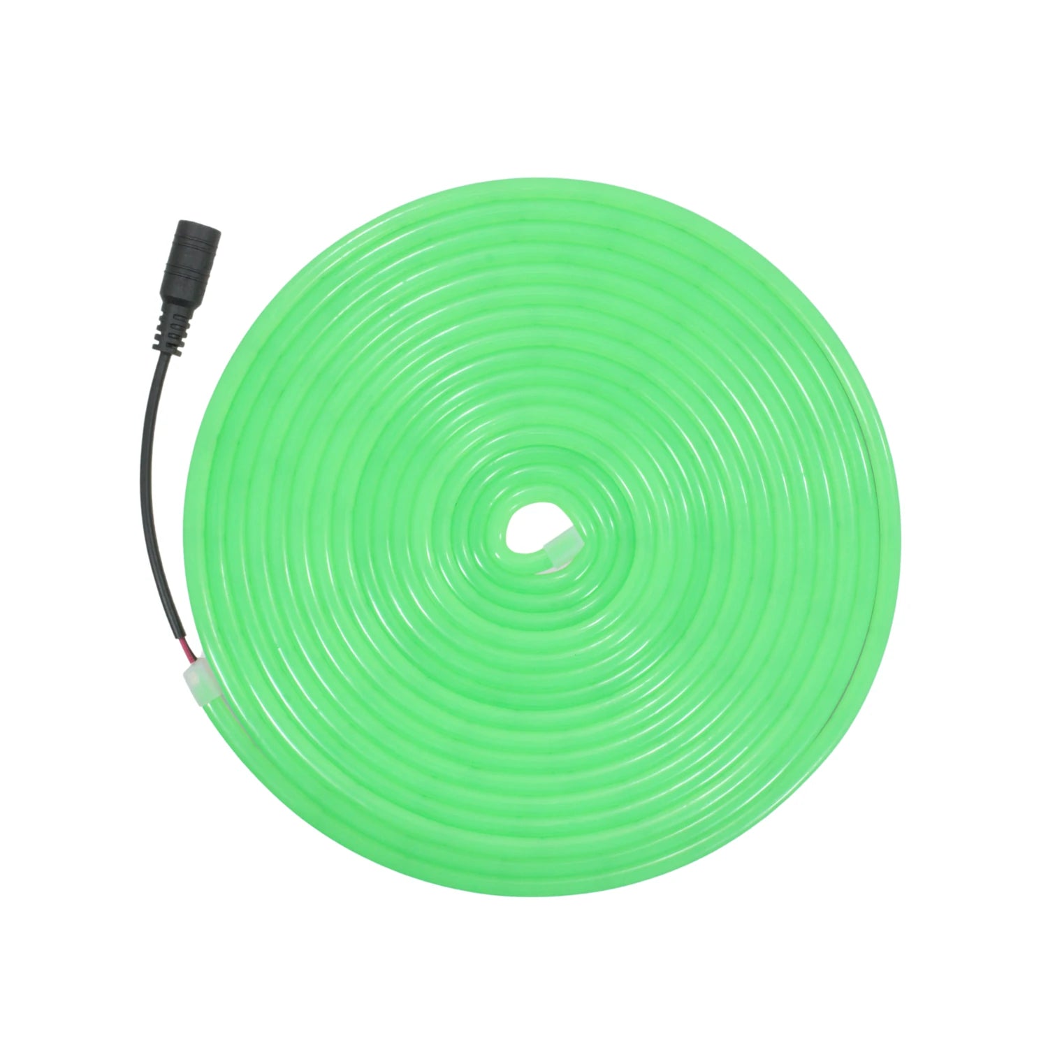 Tira LED verde neón flexible en rollo con conector para iluminación decorativa.