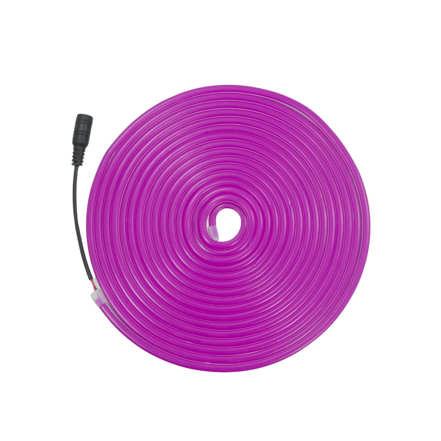 Tira LED neón morado flexible de 5 metros enrollada con conector de alimentación para iluminación decorativa y ambientes.