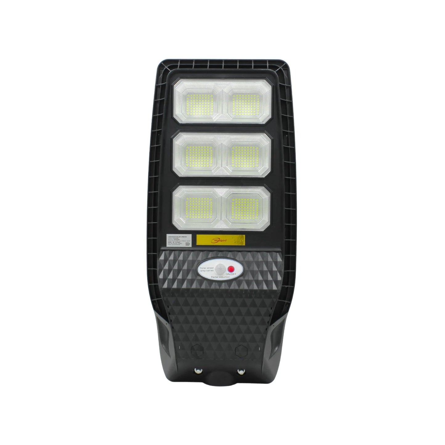 Lámpara suburbana solar LED Maigoo 300W negra con sensor de movimiento y tres paneles de luz para exteriores