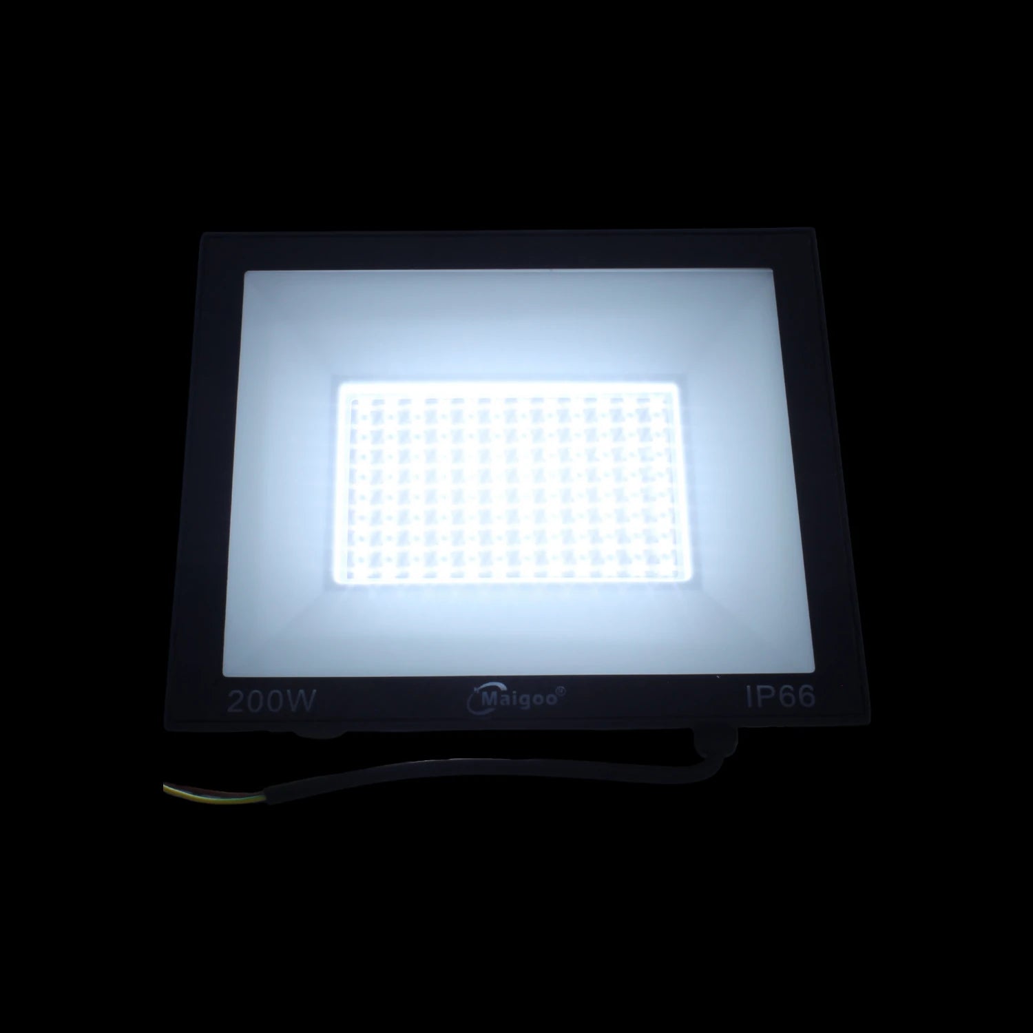 Reflector LED Maigoo 200W negro, luz blanca, multivoltaje, IP66 para iluminación exterior.