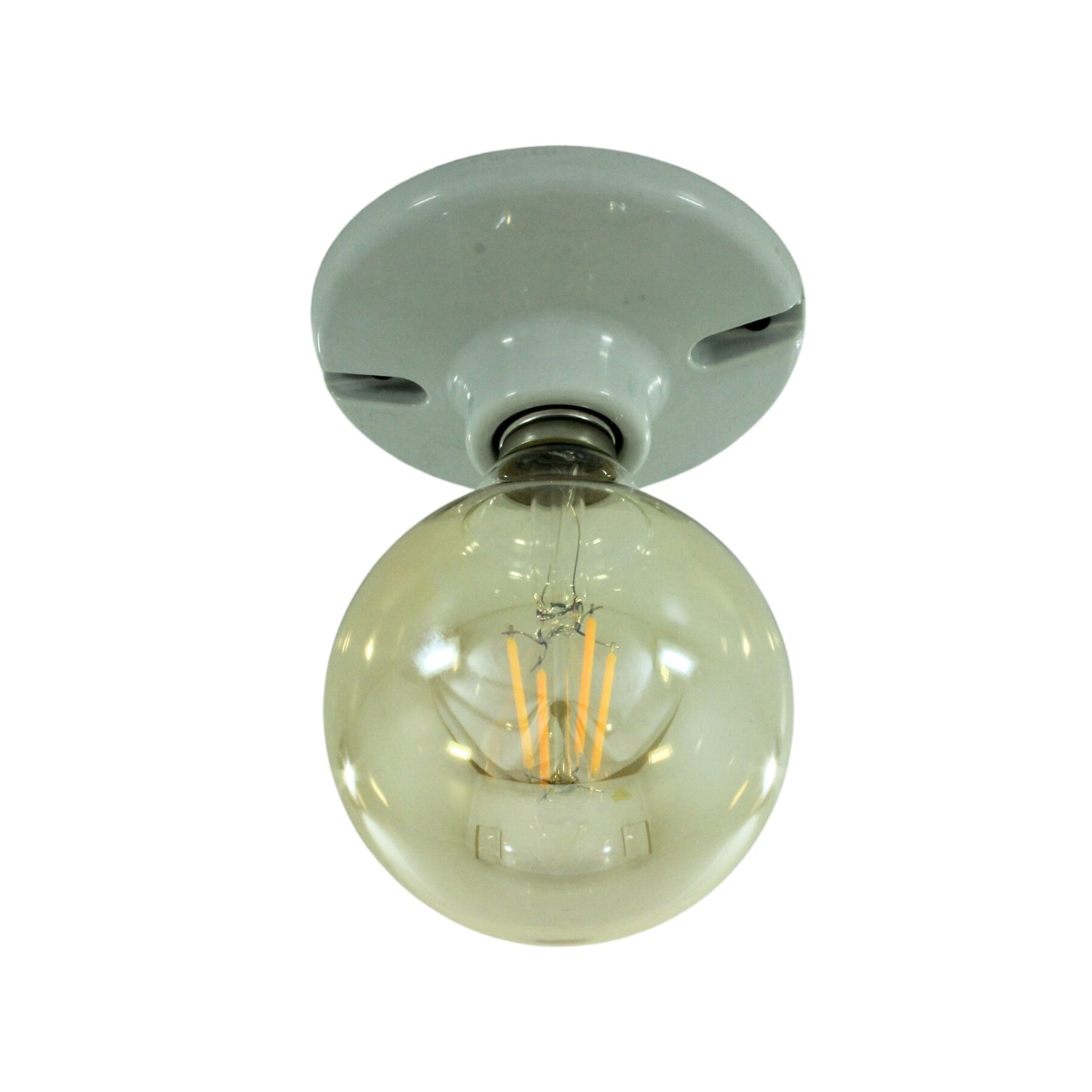 Bombilla LED vintage G95 4W filamento luz ámbar, plafón cerámico blanco. Ideal para decoración estilo Edison.