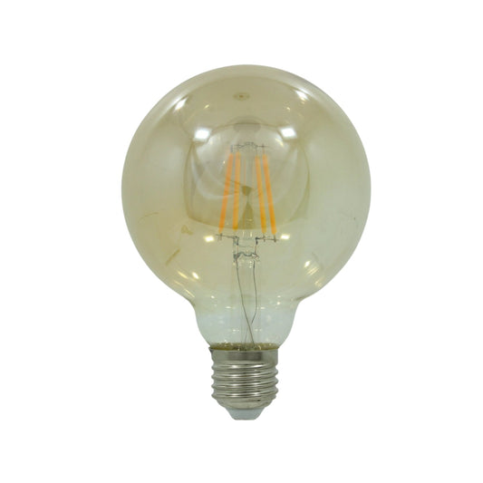 Foco LED vintage globo G95 4W, filamento expuesto, cristal ámbar decorativo con base E27.