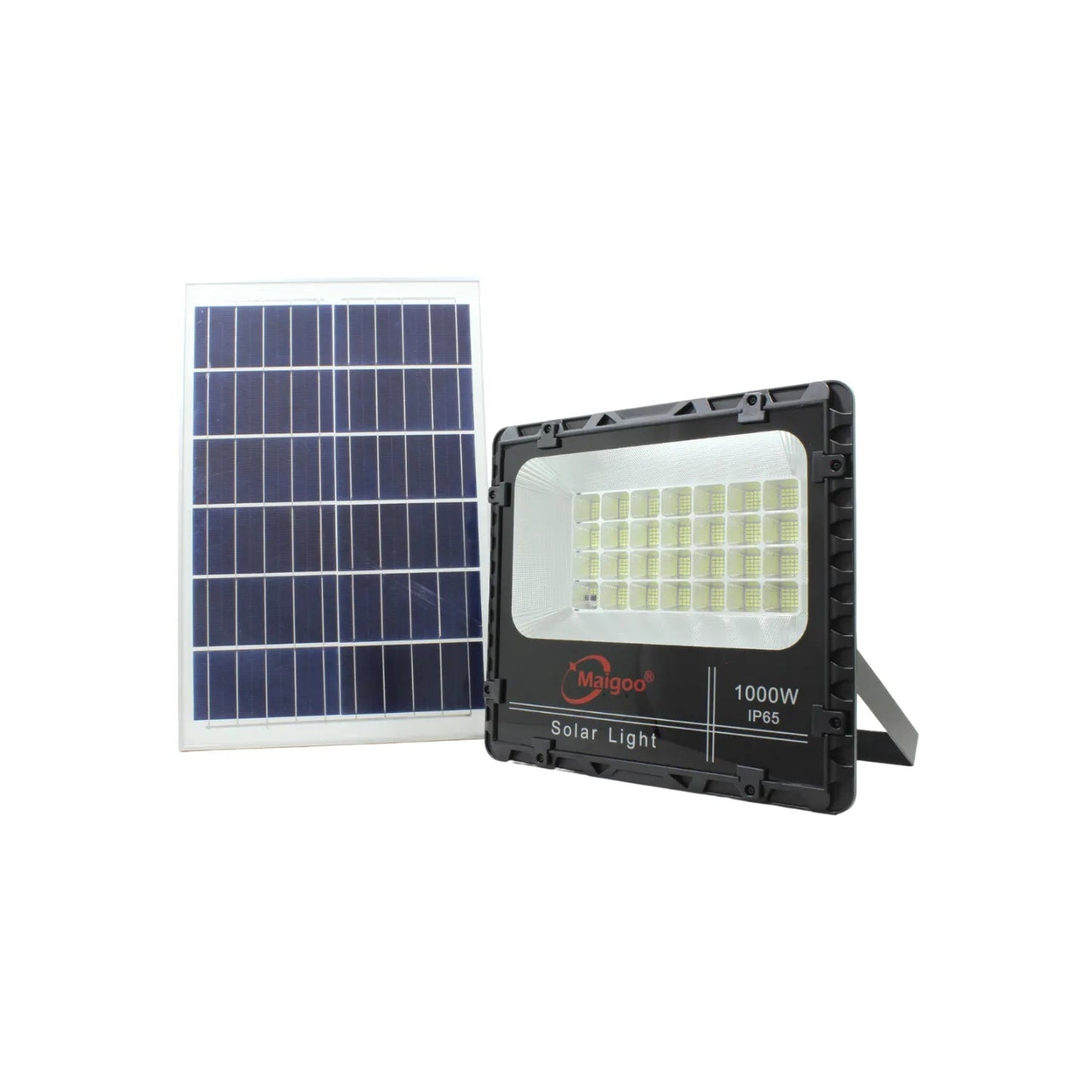 Reflector solar LED Maigoo 1000W negro con panel para iluminación exterior, resistente IP65.