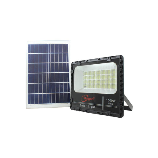 Reflector solar LED Maigoo 1000W negro con panel para iluminación exterior, resistente IP65.
