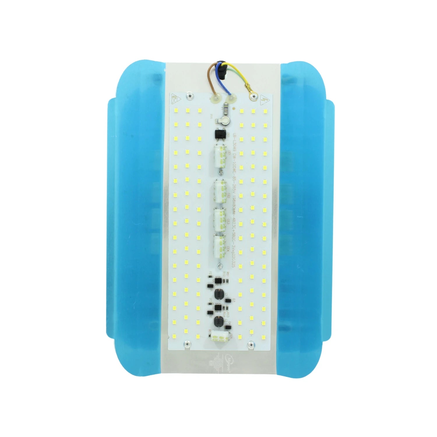 Módulo LED reflector Maigoo 100W multivoltaje con placa PCB blanca y disipador lateral azul