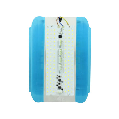 Módulo LED reflector Maigoo 100W multivoltaje con placa PCB blanca y disipador lateral azul