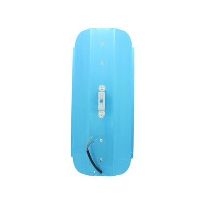 Reflector LED azul, parte trasera con bracket de montaje y cableado expuesto.