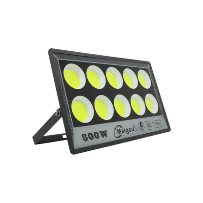 Reflector LED Maigoo 500W negro, luz amarilla potente IP66, ideal para iluminación exterior.