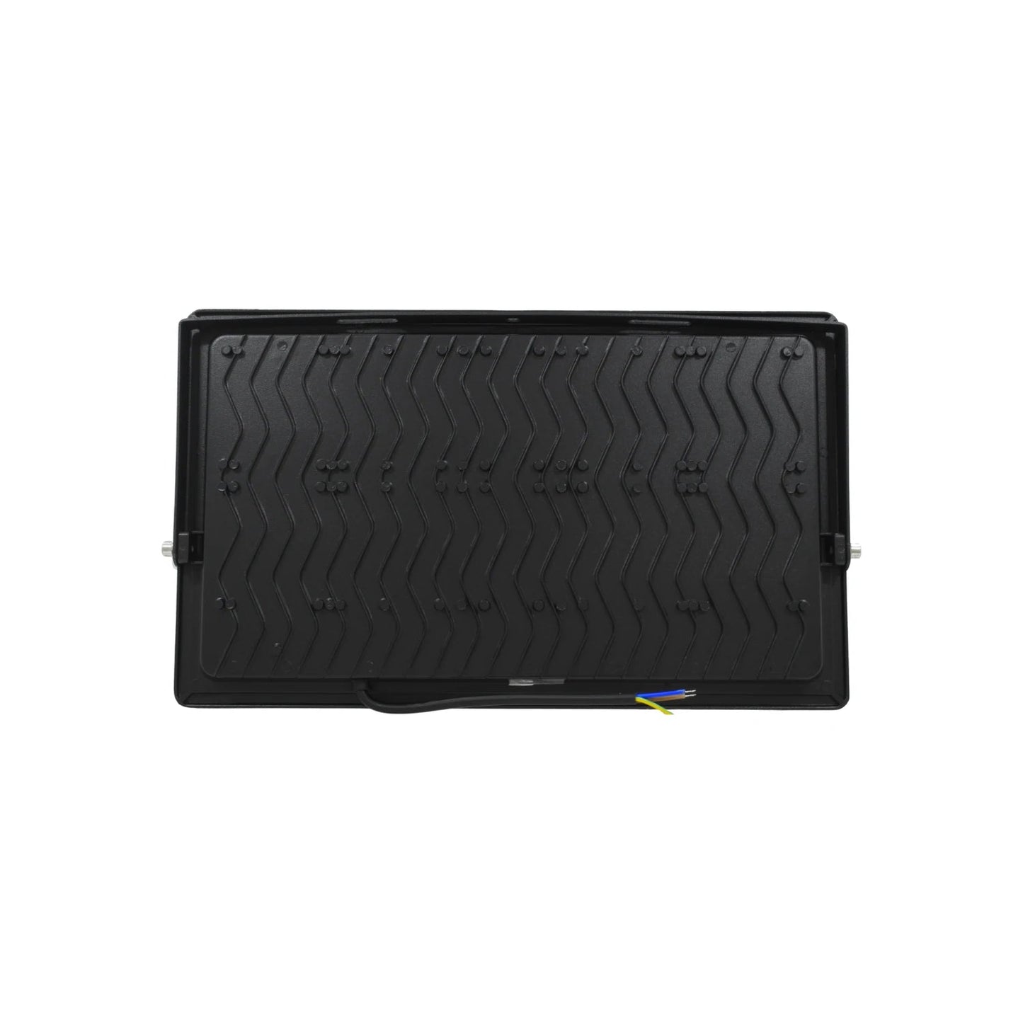 Foco proyector LED negro rectangular, con disipador de calor y cable para instalación exterior