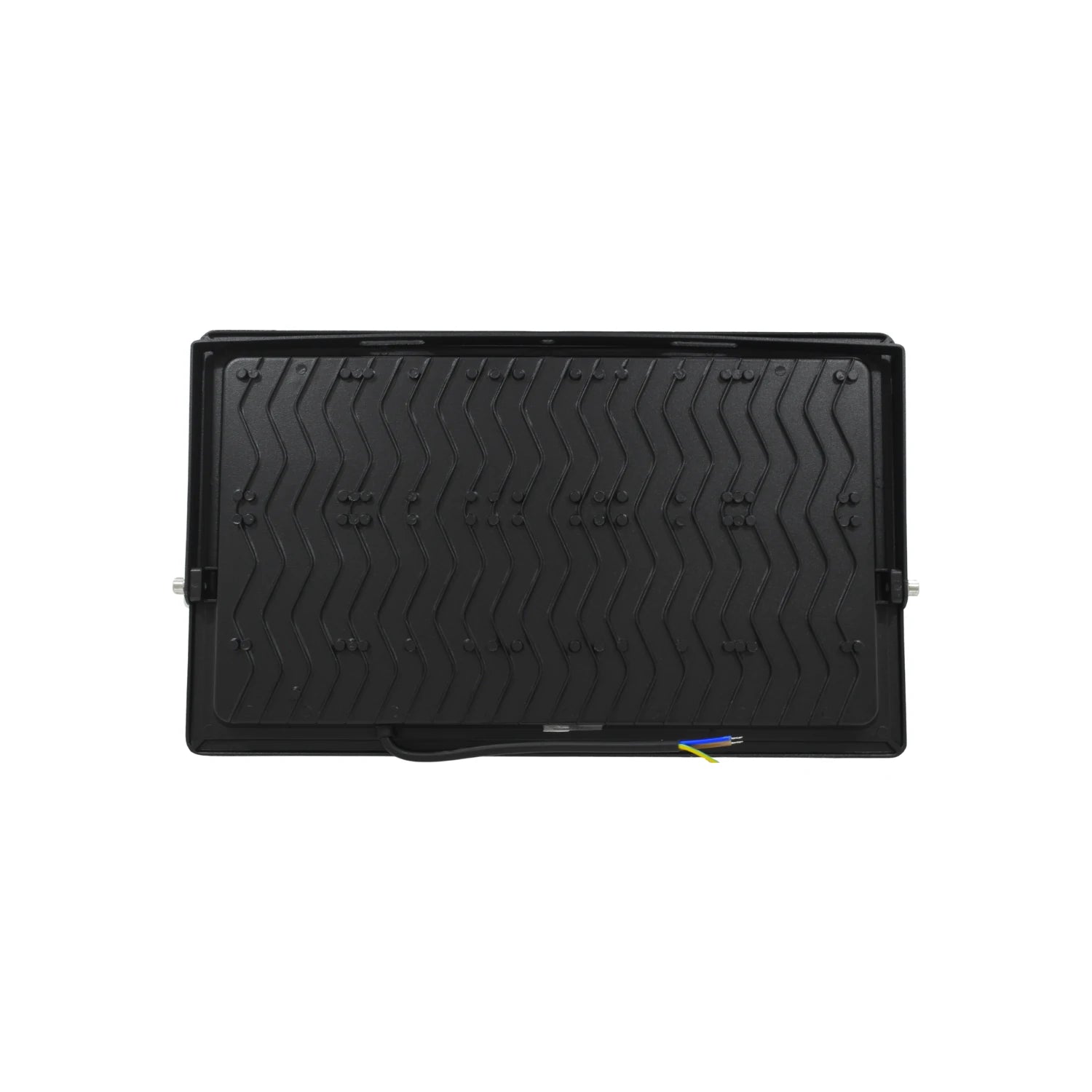 Foco proyector LED negro rectangular, con disipador de calor y cable para instalación exterior