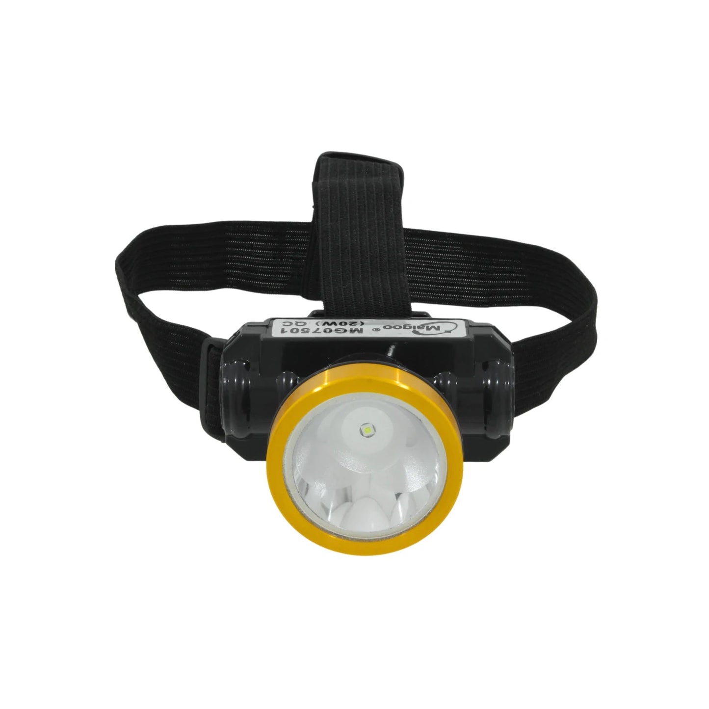 Lámpara minera frontal recargable Maigoo MG07501 LED 20W, con correa negra y aro amarillo