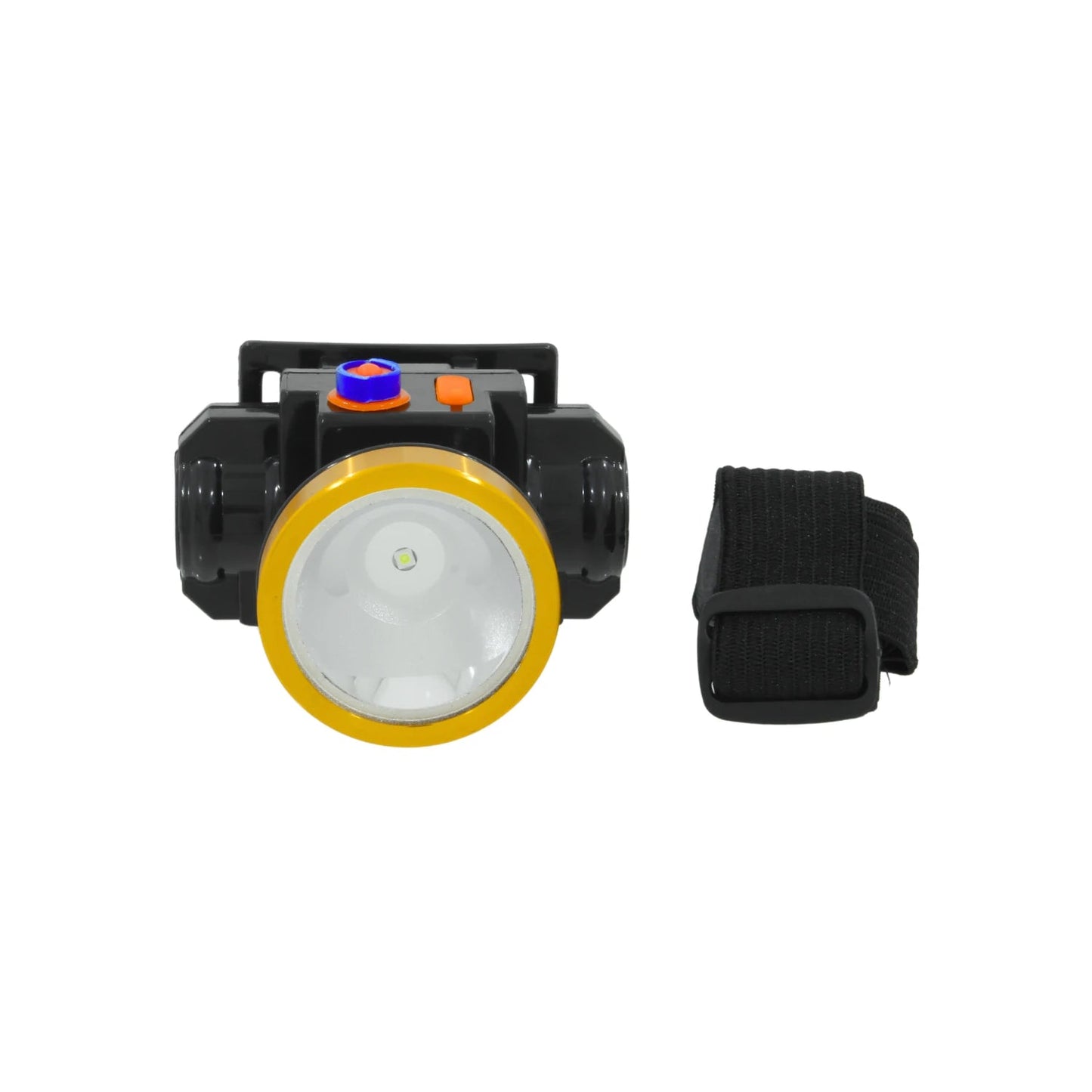 Lámpara minera LED recargable, color negro con aro amarillo y correa ajustable para la cabeza