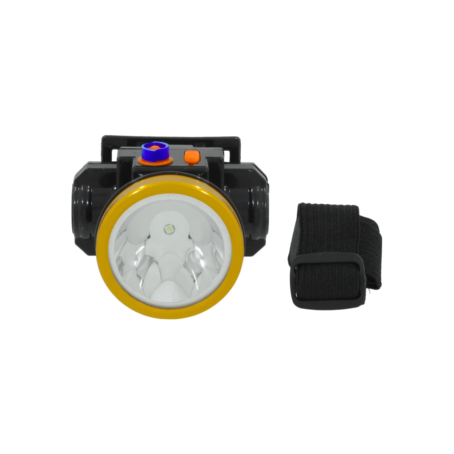 Linterna frontal recargable LED, diseño amarillo y negro, con correa ajustable para cabeza, ideal para minería o camping.