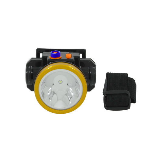 Linterna frontal recargable LED, diseño amarillo y negro, con correa ajustable para cabeza, ideal para minería o camping.