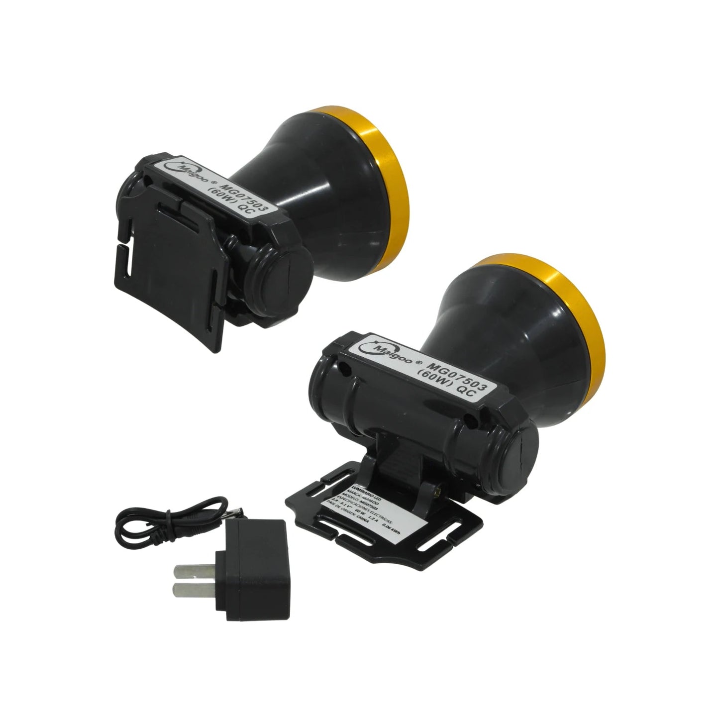 Lámparas mineras recargables Maigoo MG07503 LED 60W negras y doradas con cargador para trabajo industrial.