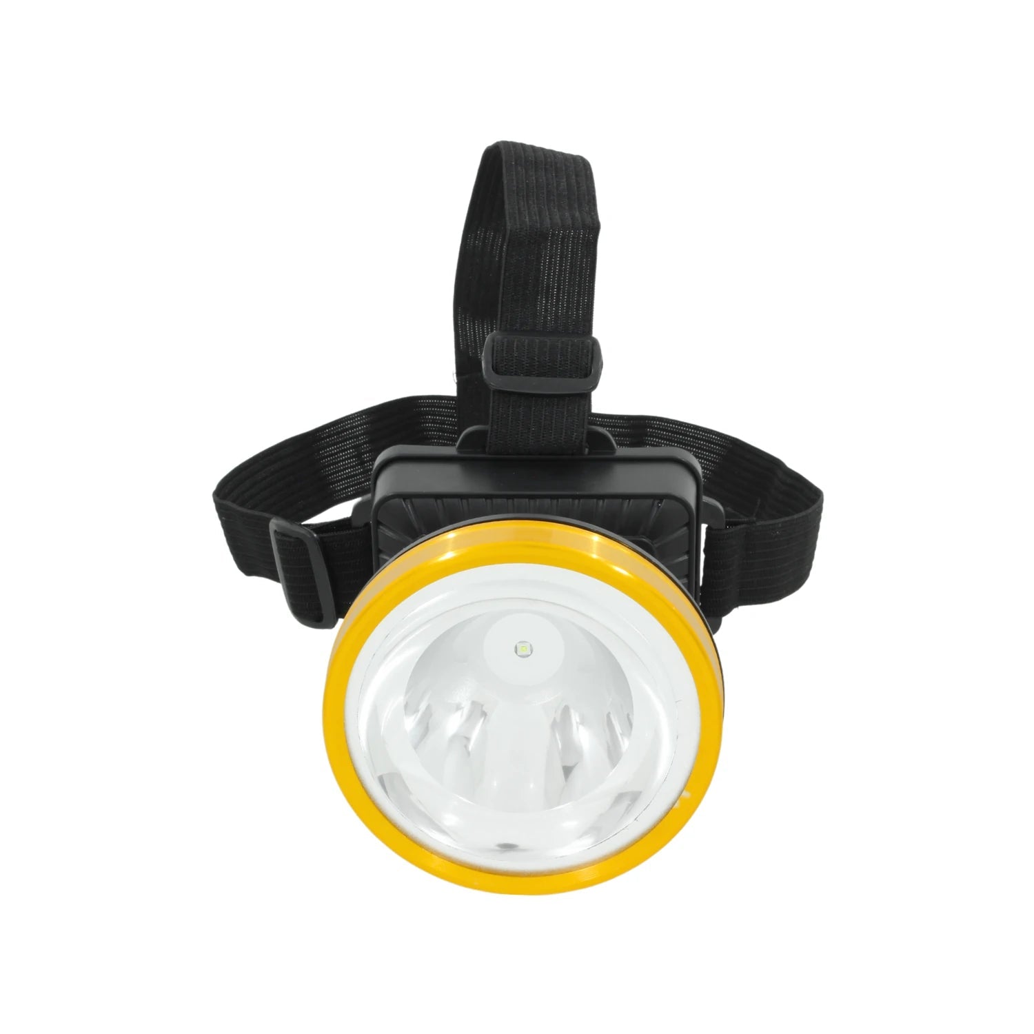Lámpara minera LED recargable con banda elástica, cuerpo negro y bisel amarillo para trabajo o campismo.