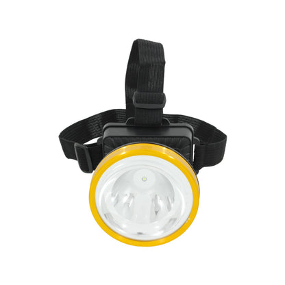 Lámpara minera LED recargable con banda elástica, cuerpo negro y bisel amarillo para trabajo o campismo.