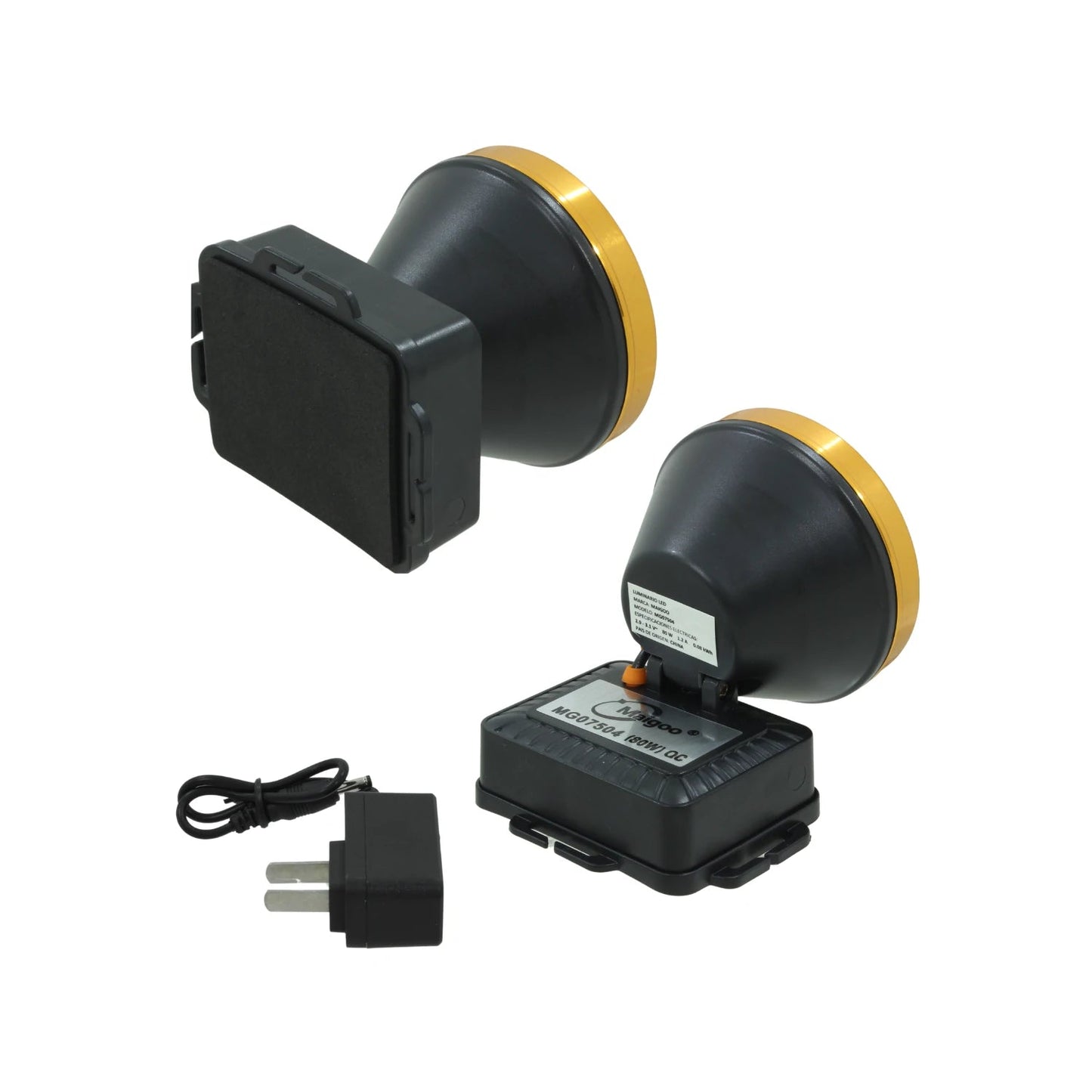 Lámpara minera recargable LED 80W Maigoo MG07504 negra con borde dorado y cargador