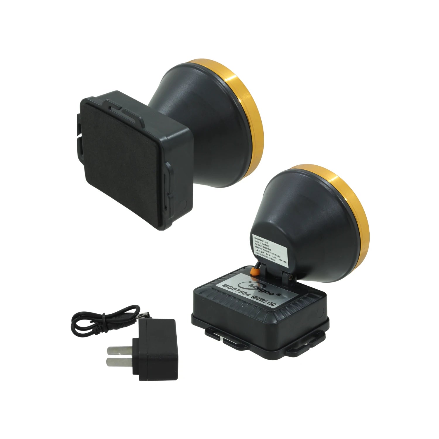 Lámpara minera recargable LED 80W Maigoo MG07504 negra con borde dorado y cargador