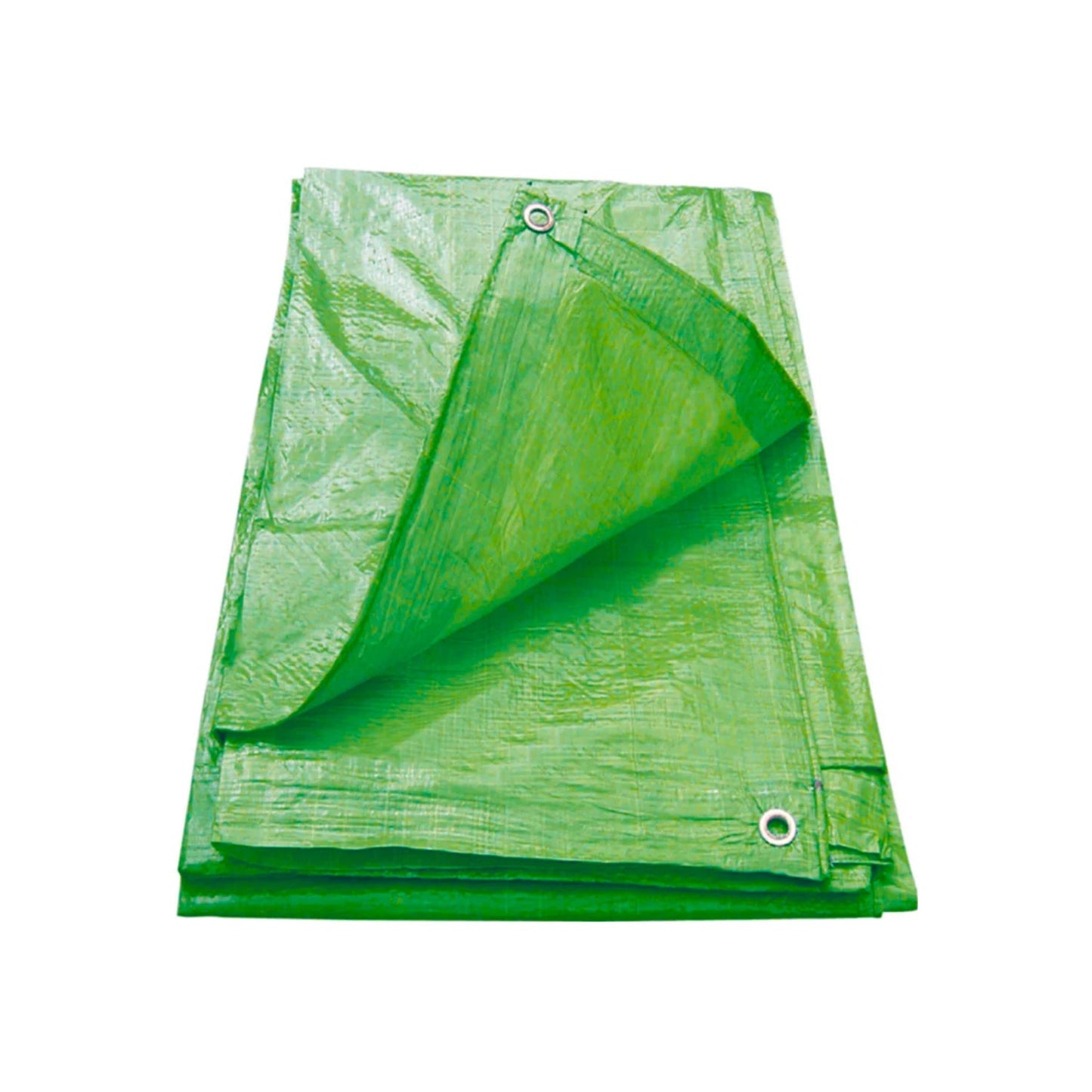 Lona verde plegada con ojillos metálicos, ideal para cubiertas o protección