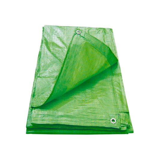 Lona verde impermeable plegada ligera para cubrir y proteger materiales en exterior o construcción, resistente al agua.