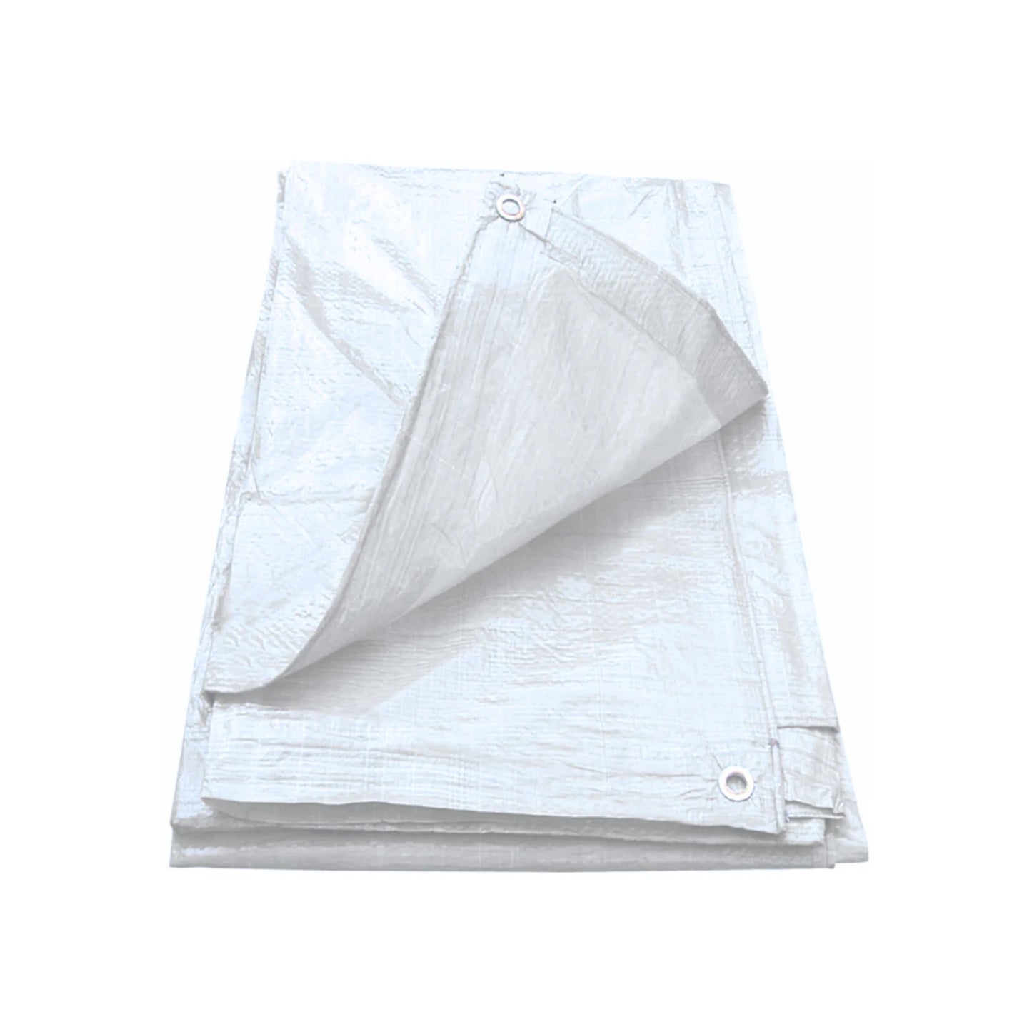 Lona blanca multiusos plegada con ojales metálicos, ideal para protección exterior y construcción