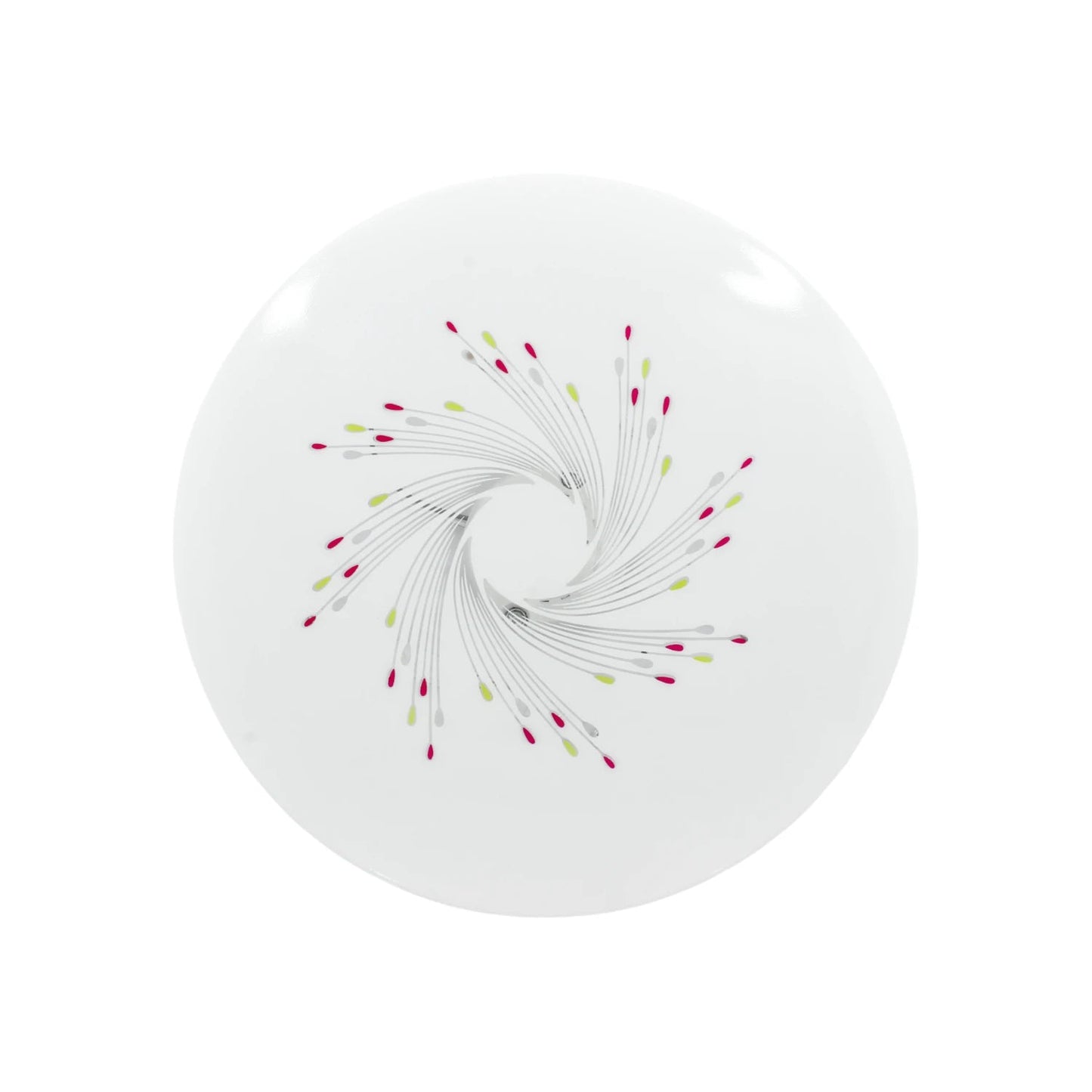 Lámpara LED redonda de sobreponer 15W, diseño rehilete con líneas grises y puntos decorativos fucsia y lima.