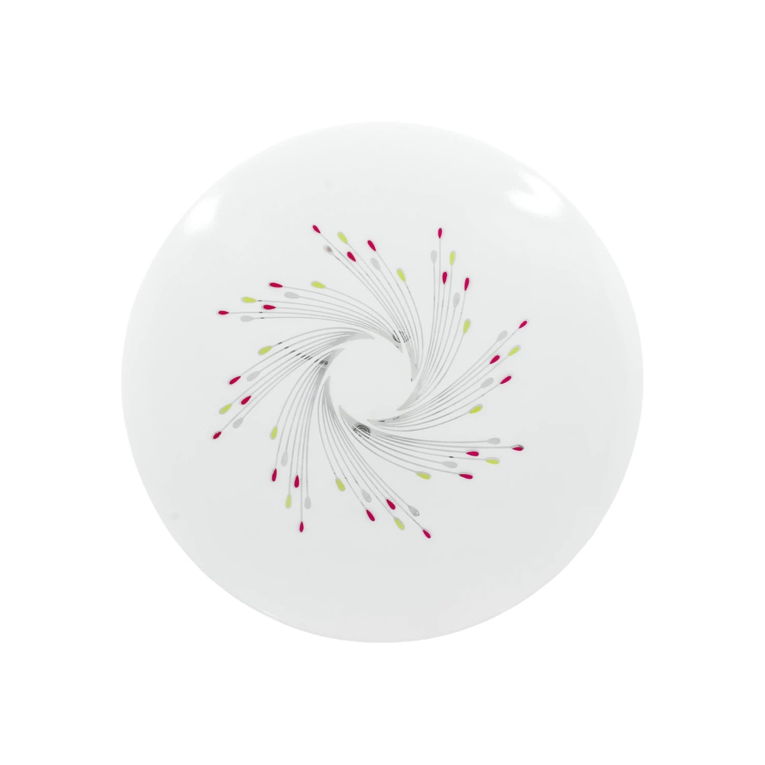 Lámpara LED redonda de sobreponer 15W, diseño rehilete con líneas grises y puntos decorativos fucsia y lima.