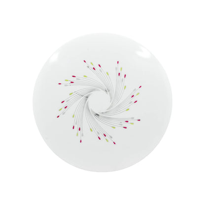 Lámpara LED redonda de sobreponer 15W, diseño rehilete con líneas grises y puntos decorativos fucsia y lima.