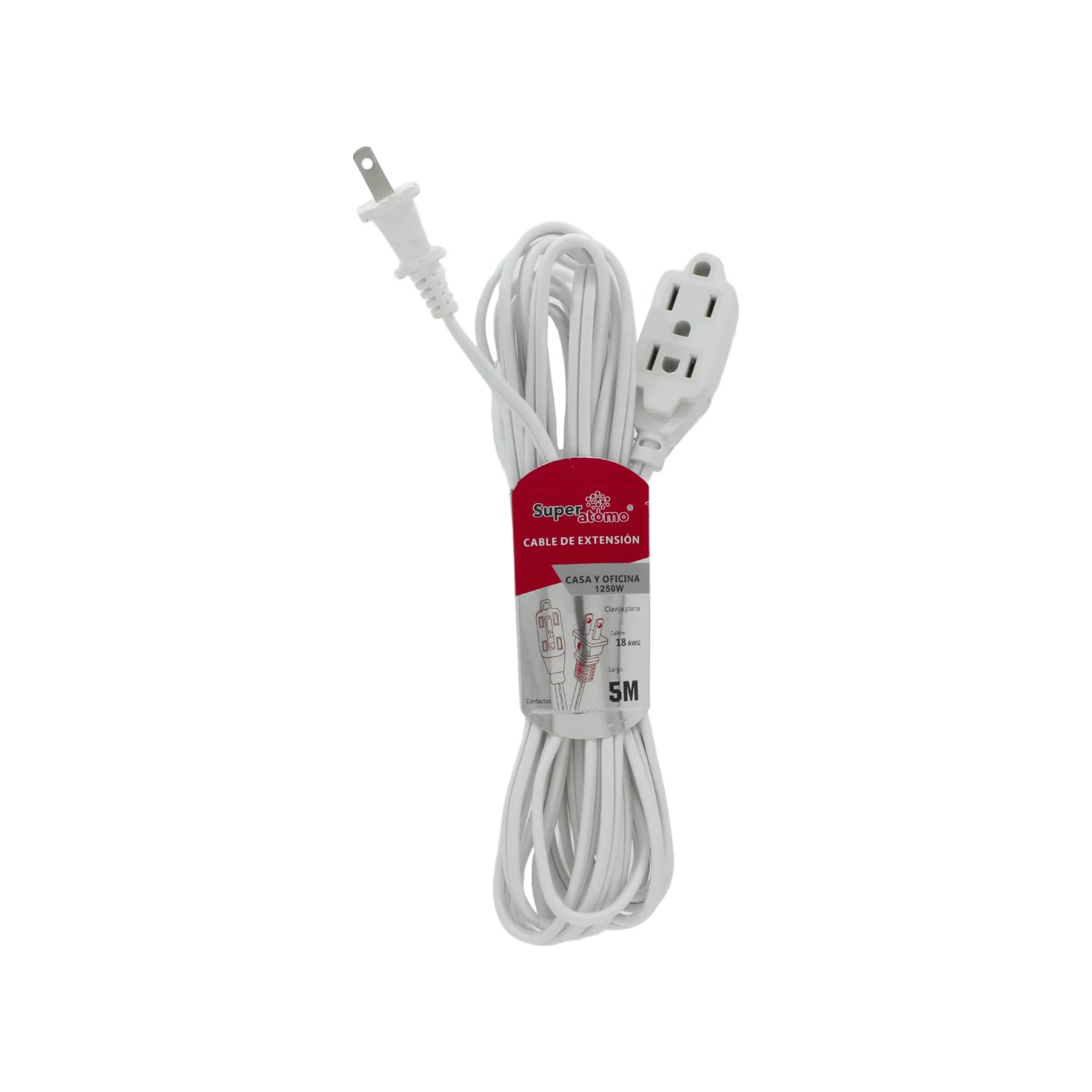 Cable de extensión blanco Super átomo 5 metros, 3 contactos, clavija plana 1250W, calibre 18 AWG para casa y oficina