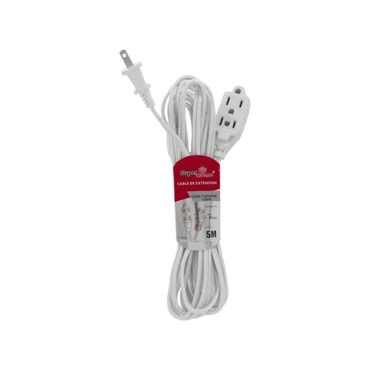 Cable de extensión blanco Super átomo 5 metros, 3 contactos, clavija plana 1250W, calibre 18 AWG para casa y oficina